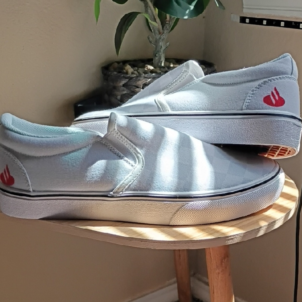 White Slip-On Canvas Sneakers with Red Flame Logo